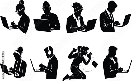 Digital media silhouette set, black, professionals using laptops, tablets, cameras, microphones, headphones, vector, isolated tech posture bundle