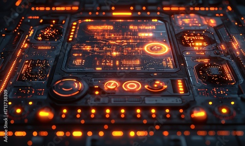 Futuristic control panel with glowing orange displays and intricate circuitry.  Close-up view