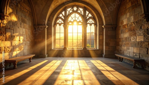 Sunlight streams through a grand gothic window, illuminating a stone-walled interior space, casting dramatic shadows on the floor.