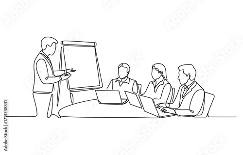 Minimalist line drawing business meeting people around table presenter standing discussing ideas professional environment vector, Continuous One Line art Vector illustration.
