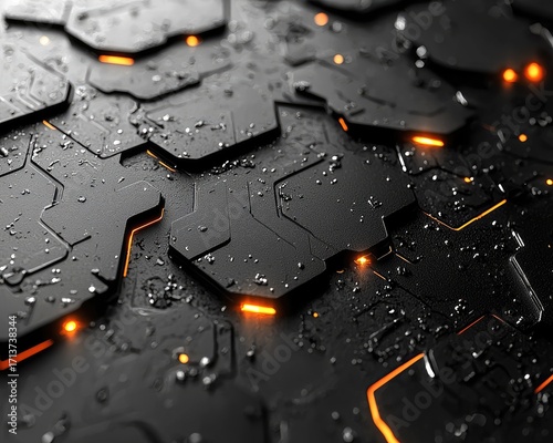 Abstract close-up view of a dark, futuristic surface.  Detailed, intricate hexagonal patterns