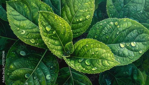 A close-up view of lush, vibrant green leaves, adorned with glistening water droplets, showcasing intricate details and a fresh, dewy aesthetic.