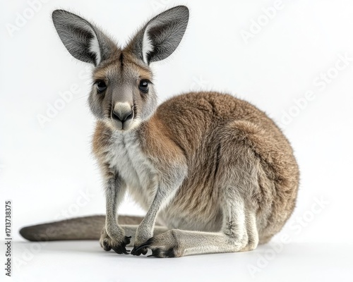 A young kangaroo sits facing the viewer against a plain white background