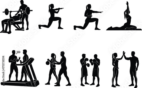Fitness training silhouette set, black, gym exercises, boxing, yoga, coaching, teamwork, vector, isolated workout and motivation bundle