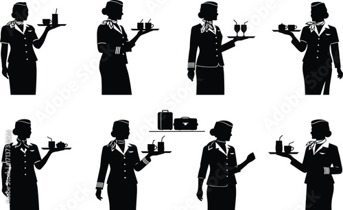 Flight attendant silhouette set, black, professionals serving drinks with trays, cups, teapots, luggage icons, vector, isolated airline bundle