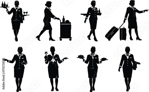 Flight attendant silhouette set, black-and-white, professionals serving trays, pushing carts, greeting, pointing, vector, isolated airline hospitality bundle