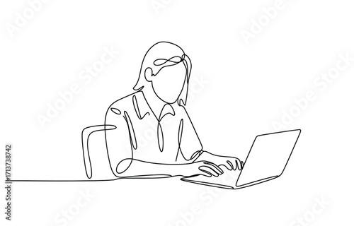 Minimalist line drawing of a person typing on a laptop computer sitting at a desk vector, Continuous One Line art Vector illustration.
