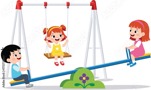 Happy children playing on seesaw and swing at playground, cartoon kids having fun outdoors, joyful childhood moments