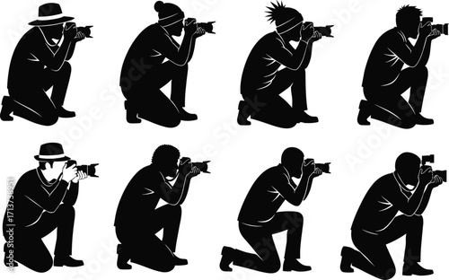 Kneeling photographer silhouette set, black, diverse camera poses with hats, hairstyles, vector, isolated photo capture and style bundle