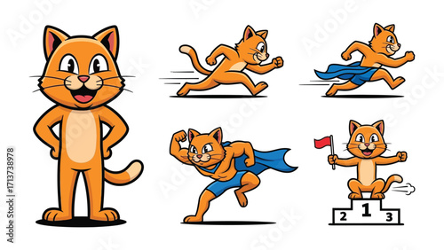 Cartoon Cat in Action: An adorable cartoon cat character, depicted in various poses, exuding energy, enthusiasm, and playful activity. The image portrays a vibrant, energetic cat in animated scenes.