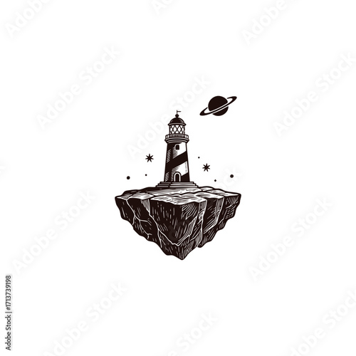 engraving style logo or illustration featuring a grand medieval castle standing firmly on a floating rocky island under a dramatic full moon and starry night sky