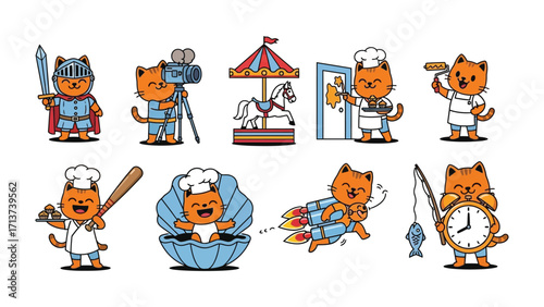 Whimsical Cat Characters in Various Professions: A collection of cartoonish cats, each embodying a different profession, from chef to knight to astronaut, rendered in a vibrant, playful style.