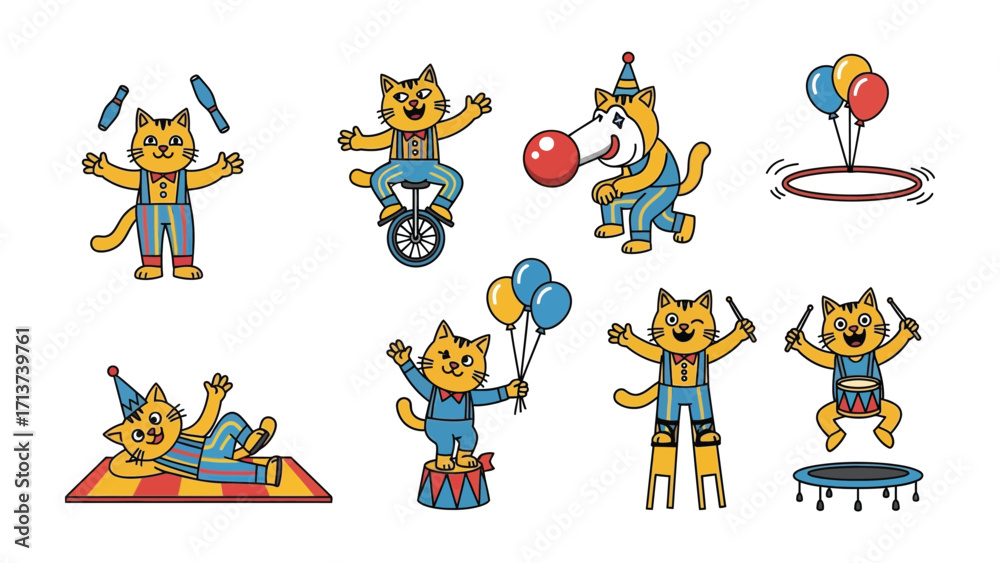Obraz premium Cats Circus Acts: A whimsical collection of animated cats engaging in various circus performances. Each feline character brings its unique energy to the stage.