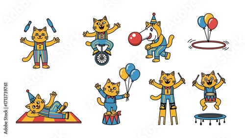 Cats Circus Acts: A whimsical collection of animated cats engaging in various circus performances. Each feline character brings its unique energy to the stage.