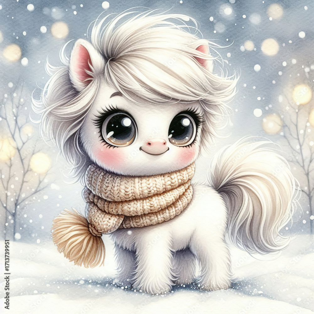 Obraz premium Illustration. A small white pony wearing a scarf.
