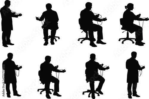 Medical professional silhouette set, black, individuals with stethoscopes in varied poses, vector, isolated healthcare diagnostic posture bundle