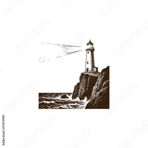 engraving style illustration or logo featuring a tall vintage lighthouse standing firmly on a rocky island amidst rough sea waves