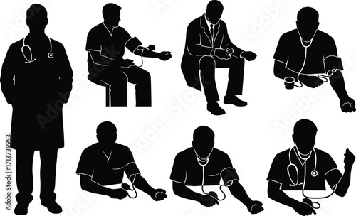 Medical silhouette set, black, individuals checking blood pressure with stethoscopes, cuffs, vector, isolated healthcare examination posture bundle