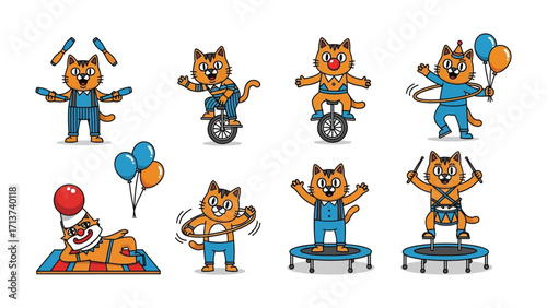 Circus Cat Performance: A collection of illustrations showcasing a cheerful cat engaging in various circus acts, including juggling, unicycling, and balancing.