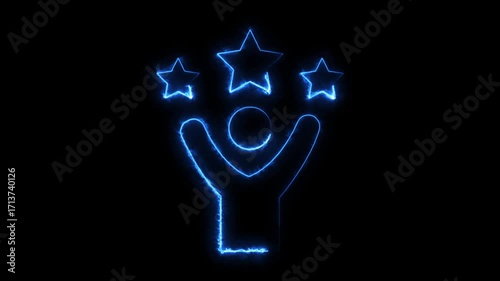 Human with 3 stars Glowing Blue neon icon success and achievement with on black background.  4k Video motion graphic glowing animation. 
