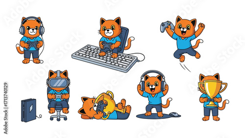 Animated Gamer Cat Collection: A whimsical collection of animated gamer cat characters in various poses, fully immersed in the world of gaming with controller, headset, trophy, keyboard.