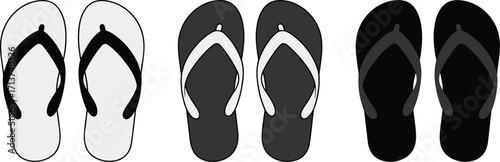 Set of three pairs of flip-flops in black, white, and gray, vector illustration for summer, beach, and footwear design, casual footwear.