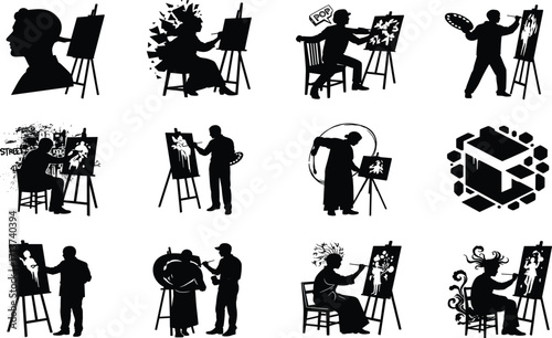 Painter silhouette set, black, artists with canvas creating surreal, comic, floral, abstract, emotional scenes, vector, isolated art bundle
