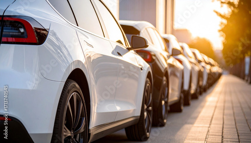 A low-angle shot of a row of modern electric cars parked on a street during sunset. The image highlights the sleek design and a bright future for clean energy.