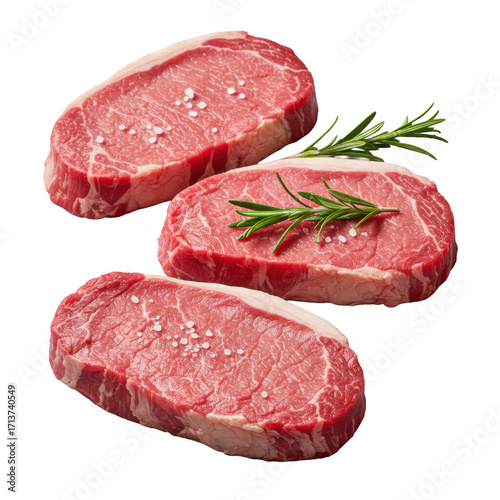 Premium photorealistic macro of raw, ruby red meat cuts with marbling, fresh rosemary, sea salt, on clean transparent background, no shadows. Gourmet food concept