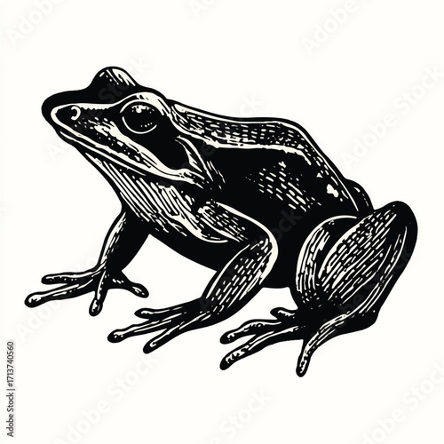 Engraved frog illustration in black and white showing a single amphibian side view on an isolated background