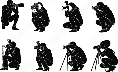 Photographer silhouette set, black-and-white, dynamic camera poses with tripods, flashes, crouching stances, vector, isolated photography bundle