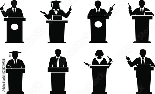 Public speaking silhouette set, black, presenters at podiums gesturing, with laptops and graduation caps, vector, isolated communication posture bundle