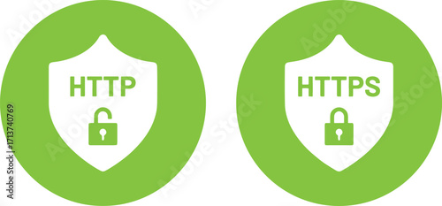 security, shield, icon, http, https, lock, unlock, secure, connection, internet, web, technology, protocol, data, protection, safety, green, circle, graphic, design, vector, illustration, white backgr