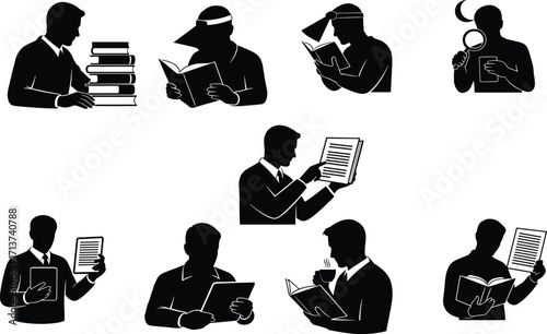 Reading and studying silhouette set, black, professionals and learners with books, tablets, magnifiers, vector, isolated education posture bundle