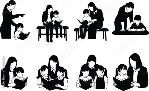 Reading interaction silhouette set, black, adults and children learning together with books, seated and standing, vector, isolated education bundle