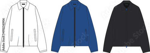 Set of three men's classic blouson jackets with zipper and pockets, in black, blue, and white, vector illustration for fashion.