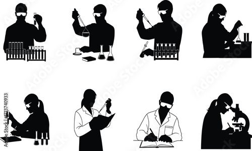 Science lab silhouette set, black-and-white, scientists with test tubes, pipettes, microscopes, notebooks, vector, isolated research bundle