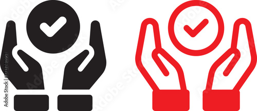 hands, holding, check, mark, tick, approved, confirmed, verified, accepted, agreement, success, done, complete, secure, protection, care, support, safety, icon, symbol, graphic, vector, black, red, wh