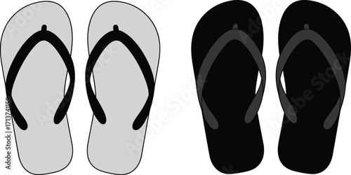 Pair of flip-flops in black and white colors, vector illustration for summer, beach, and footwear design, isolated on white background.