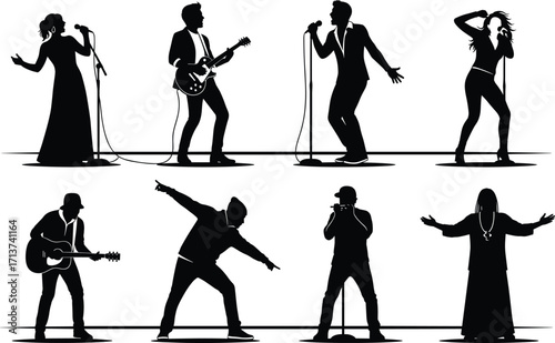 Stage performer silhouette set, black, singers, guitarists, dancers, expressive poses, vector, isolated concert and music persona bundle