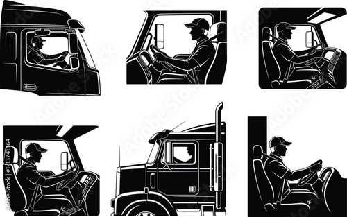 Truck driver silhouette set, black-and-white, seated cab profiles with steering wheel, cap, mirror details, vector, isolated transport bundle