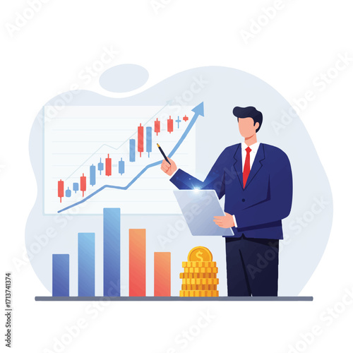 A 2D flat vector illustration depicts a business professional analyzing a holographic stock market chart with upward arrows and bar graphs, symbolizing financial growth and smart investment.