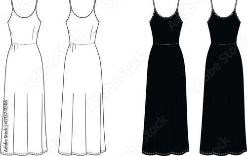 CAD drawing flat vector illustration of women’s sleeveless long dress with thin straps, fashion technical sketch front and back