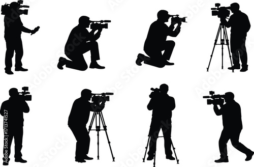 Videographer silhouette set, black, professionals filming with handheld and tripod cameras, standing, kneeling, vector, isolated video production posture bundle