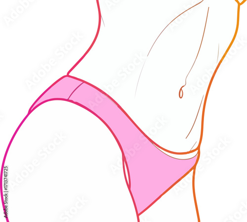A sleek line art depiction of a womans torso and hips in swimwear, isolated on white background, highlighting the graceful curves and minimalist design