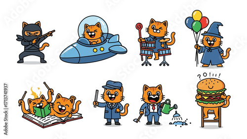 Whimsical Kitty Professions: A collection of cartoon kitties dressed up in different professions, showcasing fun and joyful expressions.