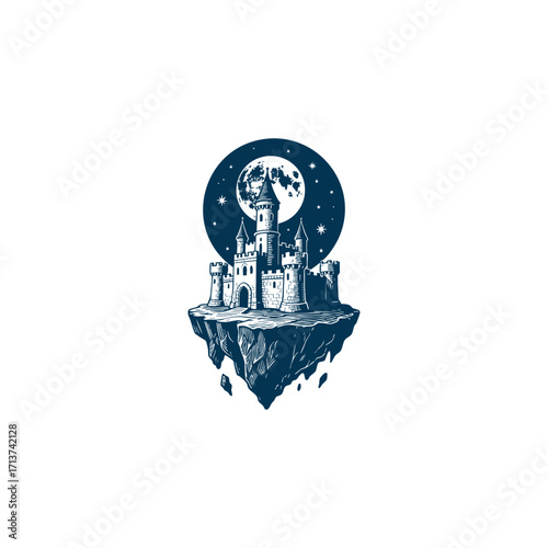 engraving logo or illustration featuring a grand medieval castle standing firmly on a floating rocky island under a dramatic full moon and starry night sky