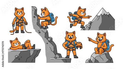 Mountain Climbing Cat's Adventures: A cute, cartoon cat embodies the spirit of adventure, scaling mountains, resting on cliffs, and embarking on exciting climbing expeditions.