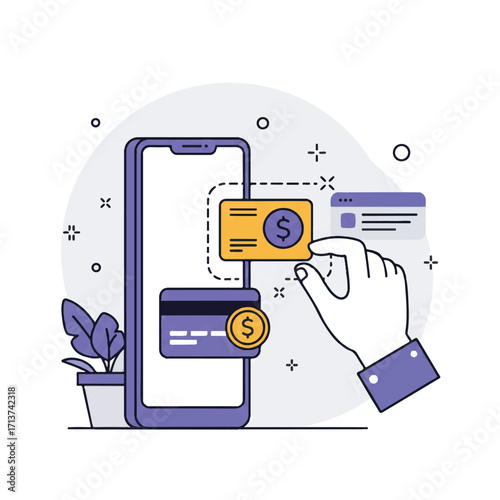 A crisp 2D flat vector illustration shows a successful digital loan approval, with a hand offering a credit card icon towards a smartphone displaying a confirmed online transaction.