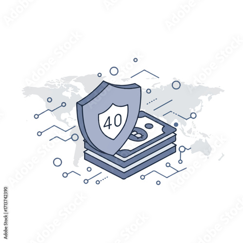 Digital money protection is illustrated by a shield icon guarding currency, surrounded by flowing abstract data and global network connections in a clean flat 2D vector style.